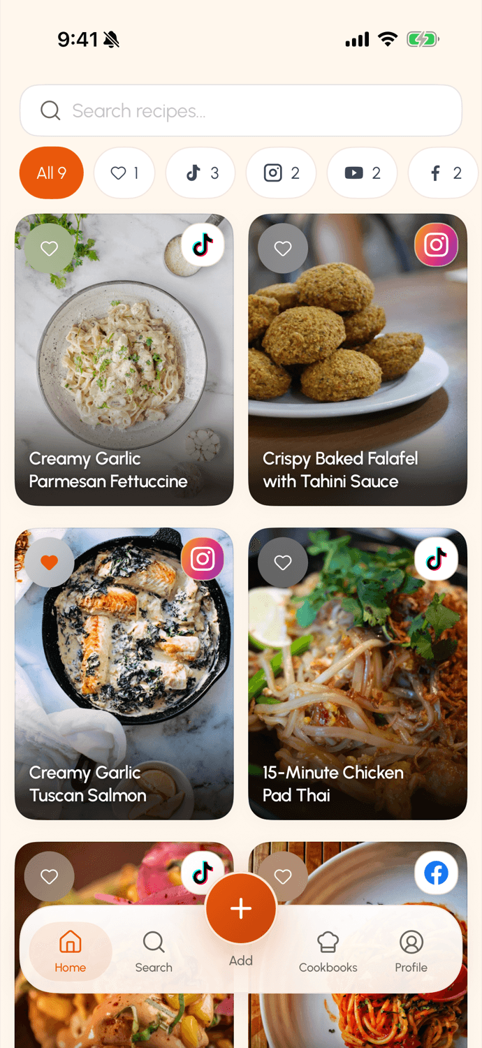 Savory recipe library screen on iPhone