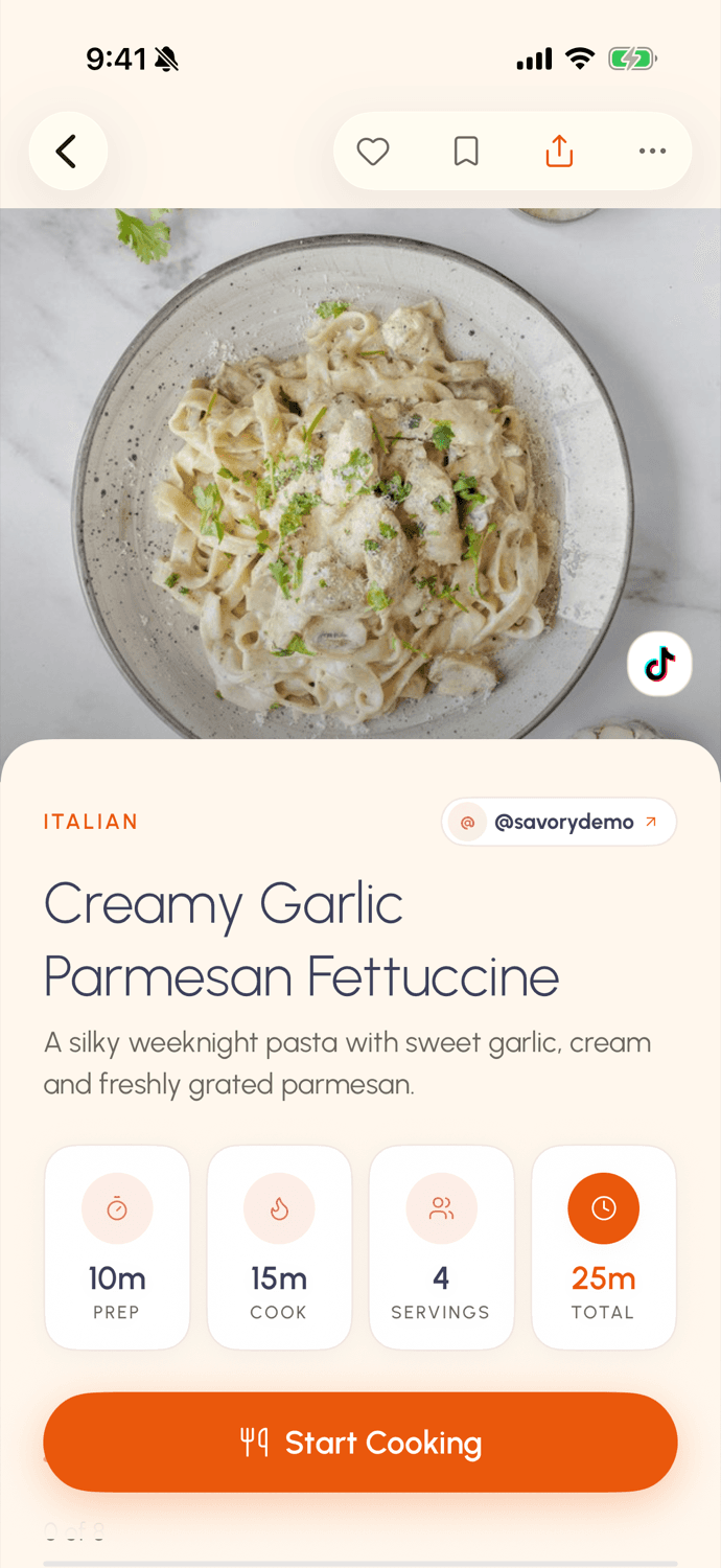 Savory recipe detail screen on iPhone